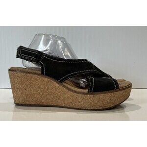Clarks Artisan Nubuck Leather Annadel Black Slingback Wedge Sandals Women's 12M
